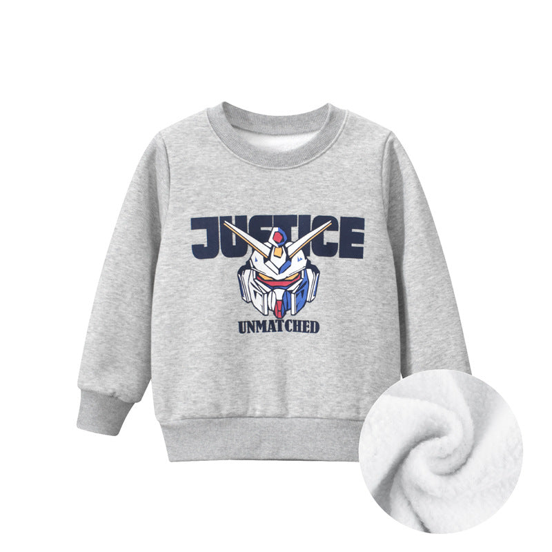 Baby Boy Cartoon & Slogan Pattern Plush Thickened Hoodies-1