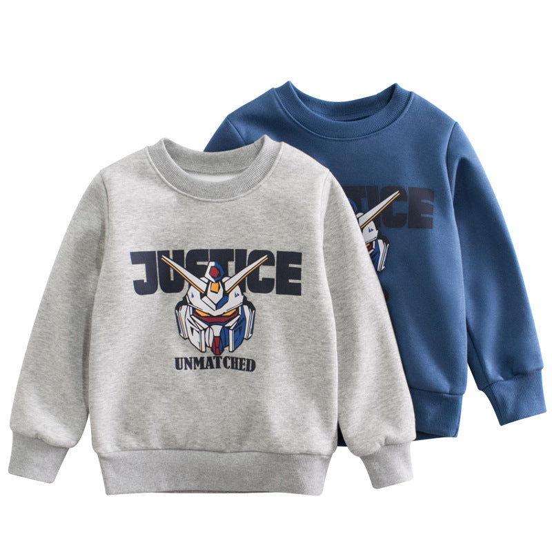 Baby Boy Cartoon & Slogan Pattern Plush Thickened Hoodies-0