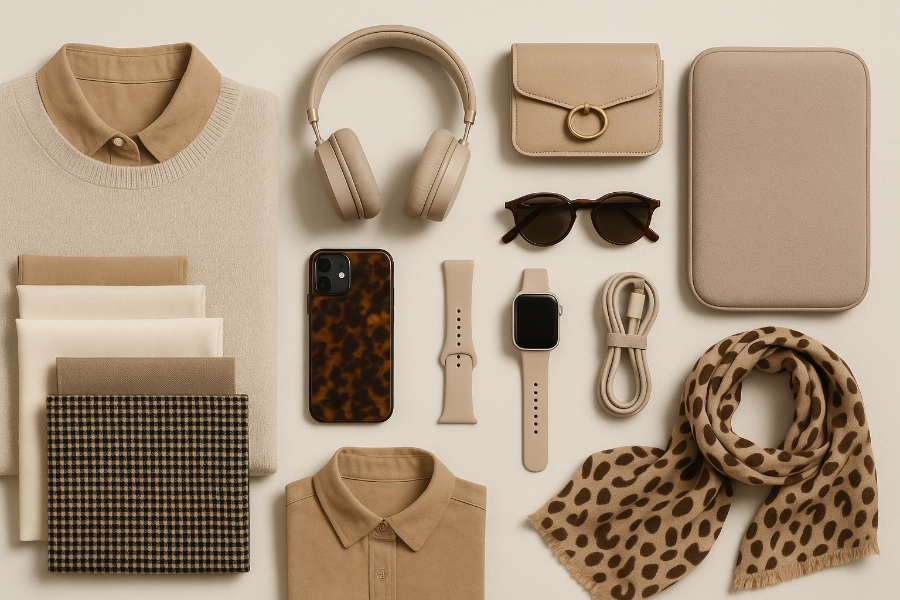 Collection of beige and brown clothing and accessories on a light background